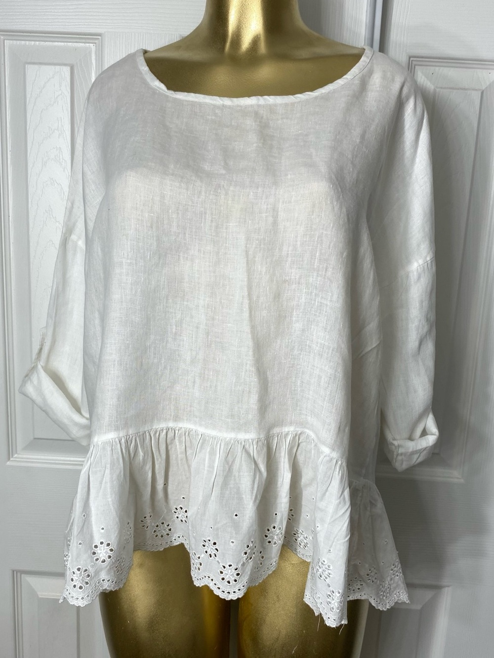 ‼️made in Italy 💯Linen Women's White Linen Eyelet-Hem Tunic Top